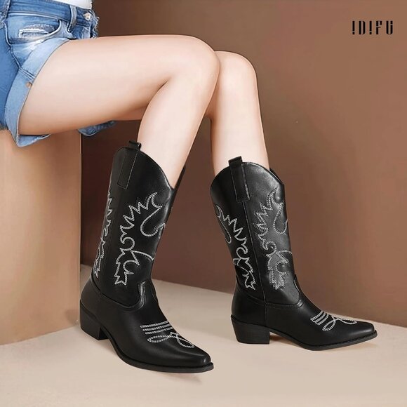 Women Black Manmade Material Mid Calf Embroidered Low Heel Pointed Toe Boots - Picture 3 of 6